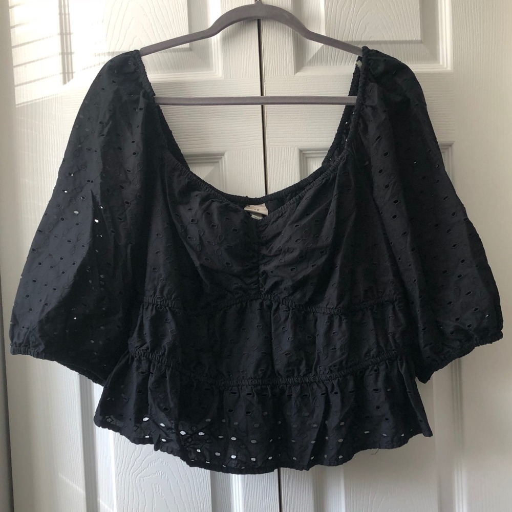 A New Day Black Eyelet Puff Sleeve Babydoll Top XXL Square Neck Cottagecore